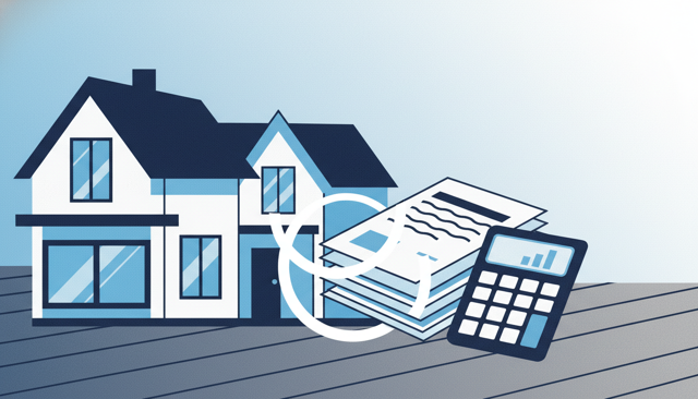 modern Danish suburban house with mortgage documents and a calculator on a wooden table