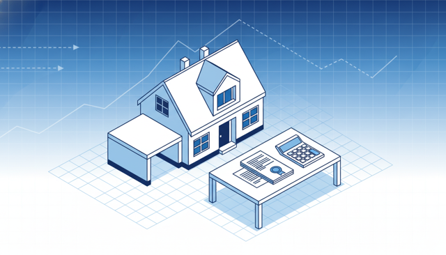 modern Danish suburban house with mortgage documents and calculator on a table