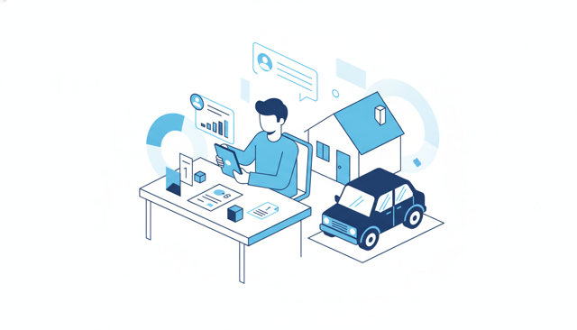 person reviewing loan offers beside a parked family car at home