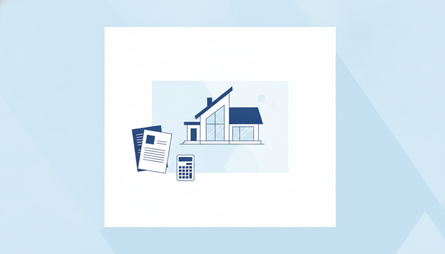 modern Danish suburban house with mortgage papers and calculator on table