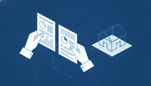 close-up of hands reviewing monthly budget papers beside a small house model