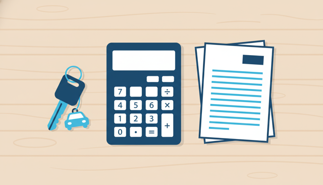 calculator, car keys, and paperwork arranged on a wooden table