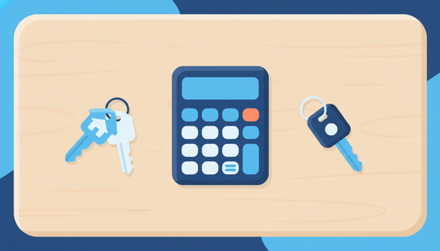 calculator beside house keys and car keys on a wooden table