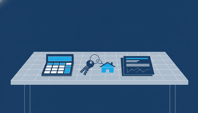 calculator beside house keys and mortgage documents on a wooden table