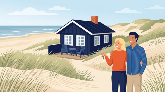 Illustration af et sommerhus i klitterne