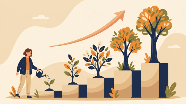 Illustration af en person der vander en lille plante, som vokser trin for trin til et stort træ