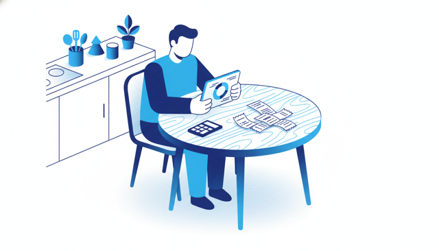 Person reviewing monthly household budget at kitchen table with calculator and receipts