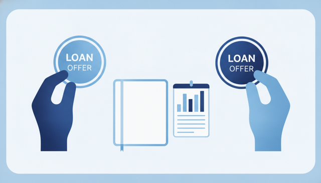 Close-up of hands comparing two loan offers beside a notebook and a simple budget planner