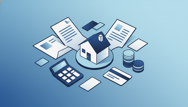 modern home loan approval scene with documents calculator and house model on desk