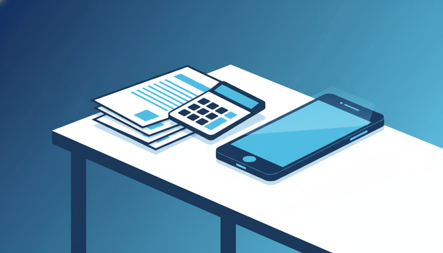financial documents and calculator beside a smartphone on a desk