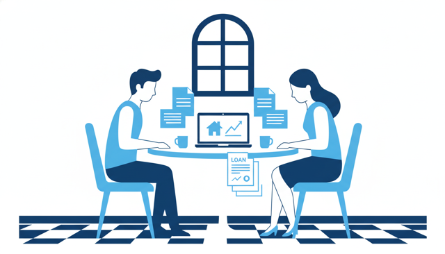 Couple reviewing home loan documents at a kitchen table with a laptop