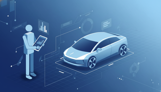 Car buyer reviewing loan offers beside a parked electric vehicle