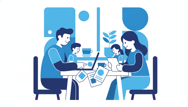 Family reviewing car financing options at a kitchen table with documents and a laptop