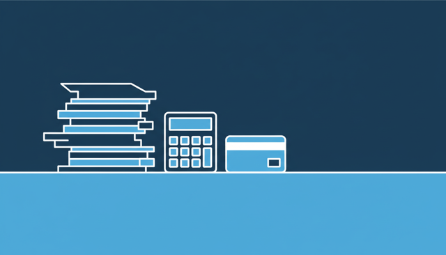 stack of documents beside a calculator and a bank card on a desk