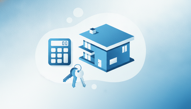 calculator and house keys beside a simple modern home model