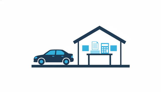 Modern car parked near a home with paperwork and calculator on a table