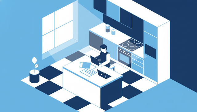 person reviewing loan papers next to a laptop in a bright kitchen